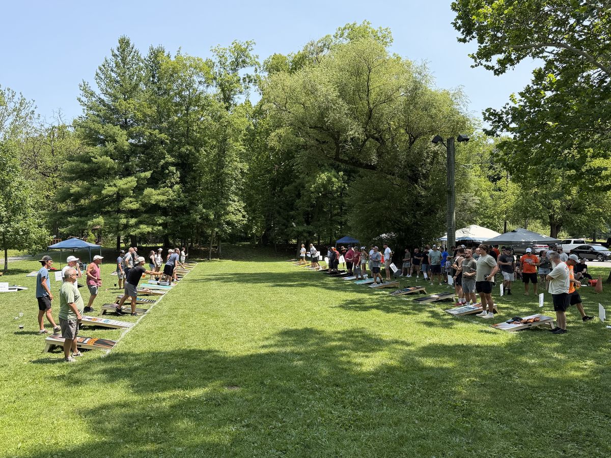 Two long lines of cornhole boards on the grass, with players tossing across the field and canopies along the trees